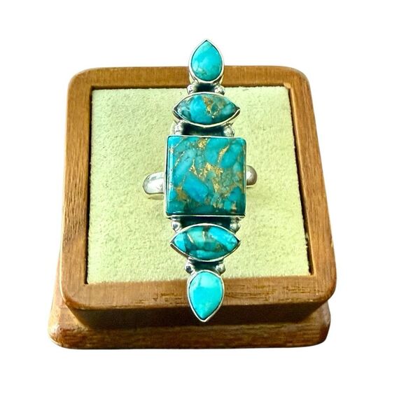 Unique Blue Copper Turquoise Multi Stone Ring Southwestern Silver Adjustable - Picture 1 of 5